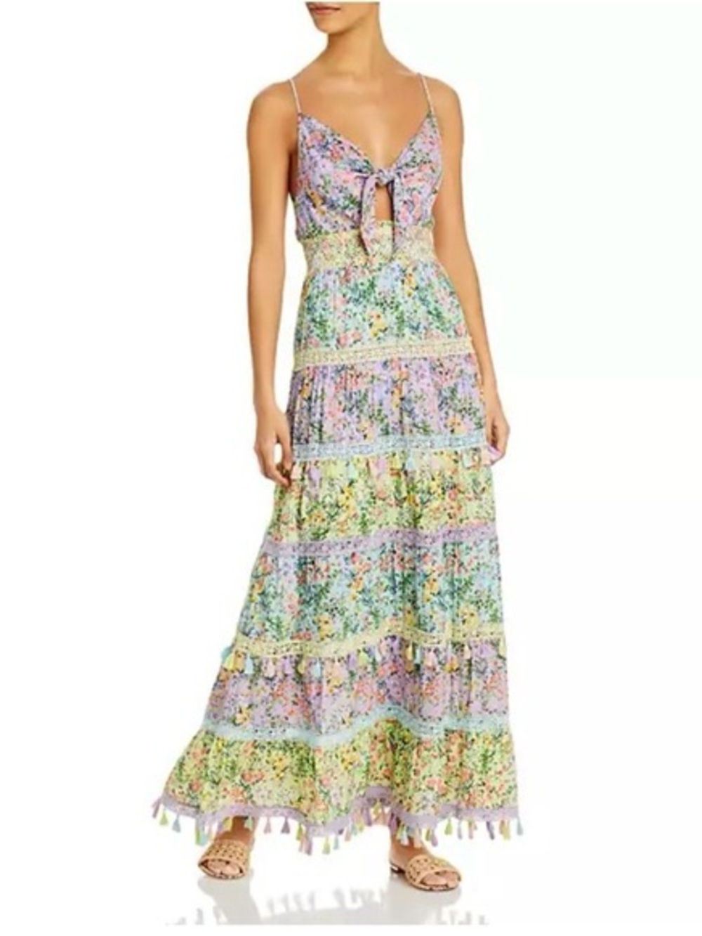 Alice + Olivia Pastel Floral Tiered Maxi Dress with Tie Front